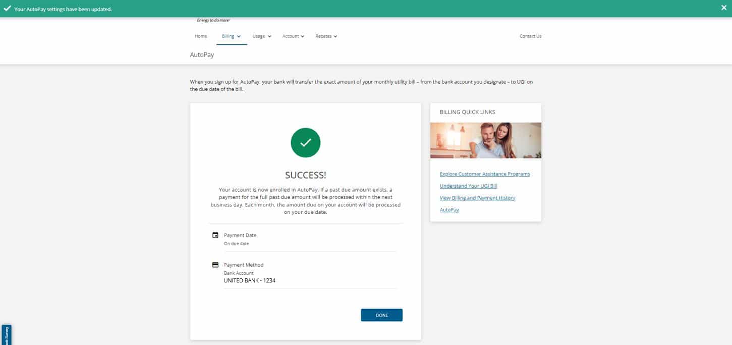 AutoPay Enrollment Success screenshot from Online Account Center