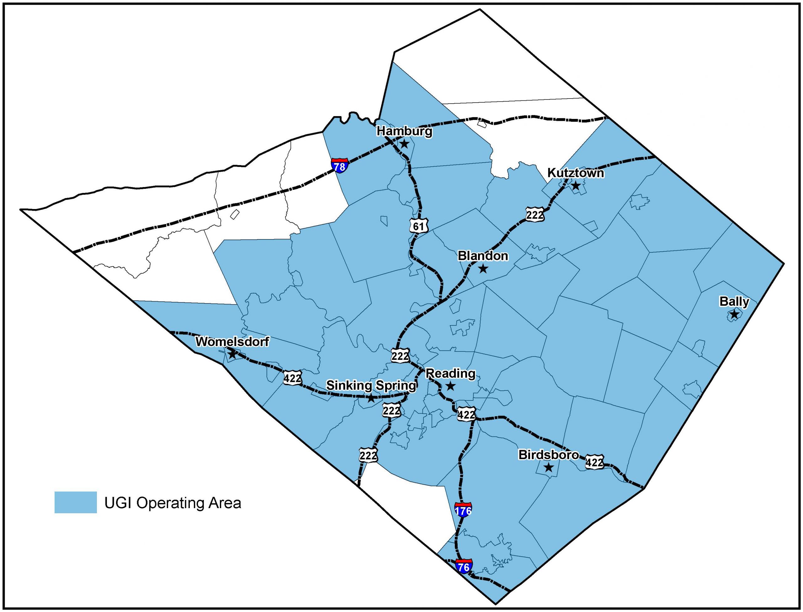 Map of Berks County PA with some of the major towns and cities such as Reading, Sinking Spring, Birdsboro, Womelsdorf, Hamburg, Kutztown, and Bally. UGI natural gas territory is shaded blue.