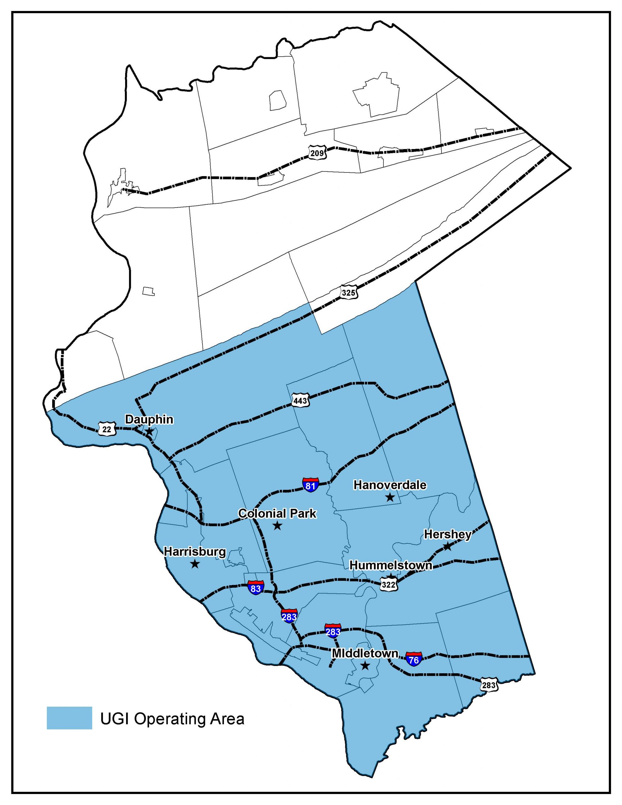 Map of Dauphin County PA with some of the major towns and cities such as Harrisburg, Dauphin, Colonial Park, Hanoverdale, Hershey, Hummelstown, and Middletown. UGI gas territory is shaded blue.