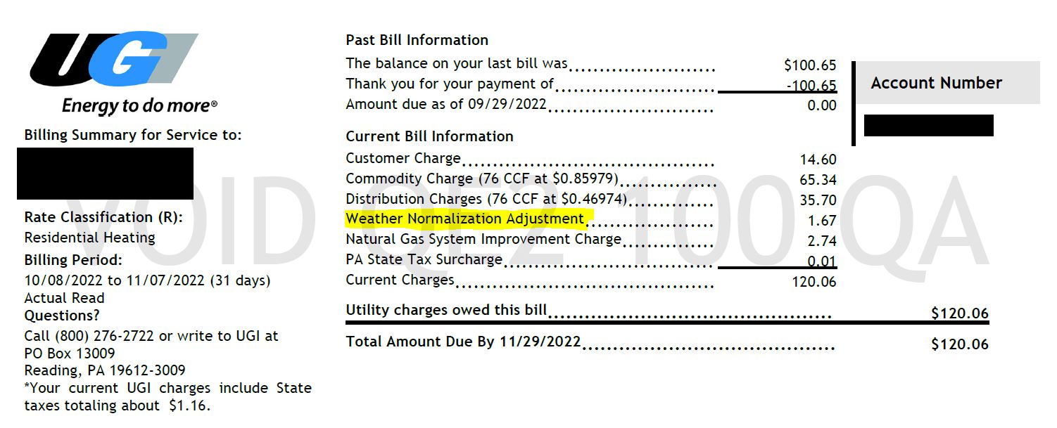 Screenshot of a sample bill with Weather Normalization Adjustment charge shown with other bill charge breakdown