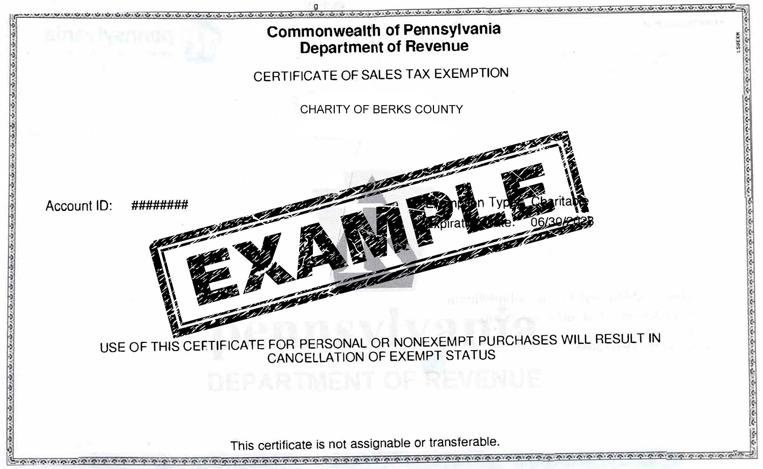 Example of a Certificate of Sales Tax Exemption