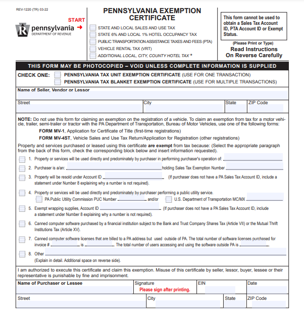 Example of PA REV-1220 Form