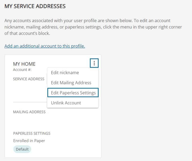 Service Address Settings screenshot from Online Account Center