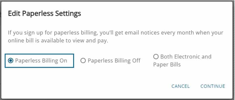 Edit Paperless Settings screenshot from Online Account Center