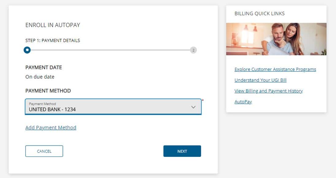 AutoPay Enrollment Step 1 Payment Method Options screenshot from Online Account Center