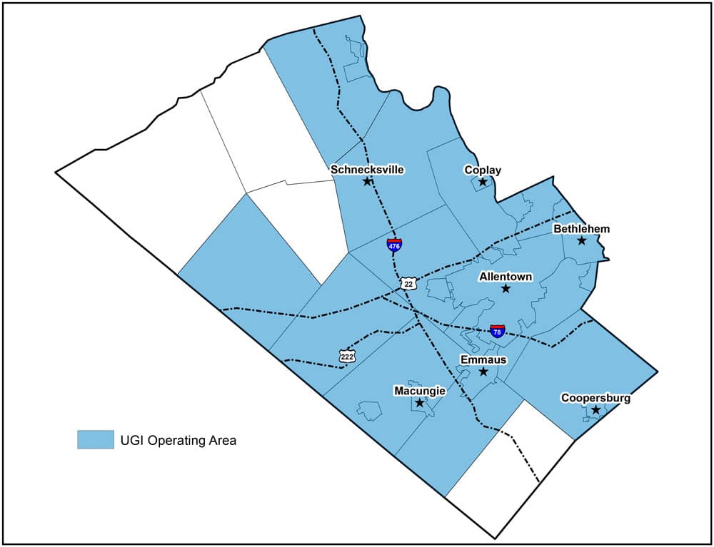 Map of Lehigh County PA with some of the major towns and cities such as Allentown, Bethlehem, Emmaus, and Macungie. UGI gas territory is shaded blue.