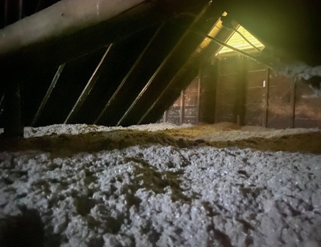 Attic floor covered in loose fill cellulose.