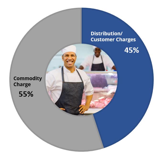 Pie Chart showing Commodity Charge is 53% and Distribution/Customer Charges is 47%