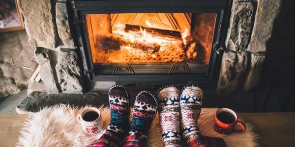 Warm feet in cozy socks by the natural gas fireplace